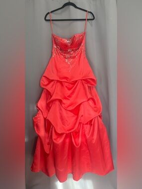 City Triangles Coral-Red Strapless Ruched Cascade Formal Dress